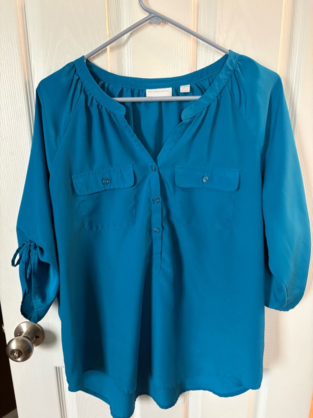 New York & Company Teal Button-Front Blouse with Roll-Tab Sleeves